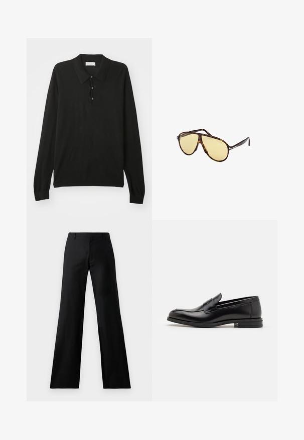 Mustapaita, jossa on pitkät hihat, kolme nappia ja kaulus, valmistettu pehmeästä neulospinnoitteesta.; Vaaleanpunainen napitettava paita, joka on valmistettu puuvillasta. Paidassa on klassinen kaulus, pitkät hihatt, ja rintataskussa pieni brodeerattu hevosen logo.; Mustat leveälahkeiset housut, jotka on valmistettu sileästä kankaasta. Niissä on keski-korkea vyötärö ja edessä laskokset, jotka tarjoavat räätälöidyn siluetin.; Mustat nahkakengät, joissa on sileä pinta, pyöreä kärki ja koristeellinen nauha jalkapöydän yli. Matala pinoitu koroke, minimalistinen muotoilu.; Silmukat silmälasit, joissa on keltaiset linssit. Lentäjän muoto, jossa tuplasilta ja metallivivahteet. Sileä pinta ja tyylikäs muotoilu.; Helmi kaulakoru, jossa on hopeanvärinen kiinnitys. Korussa on pyöreitä valkoisia helmiä ja koristeellinen, kimalteilla koristeltu keskipiste.