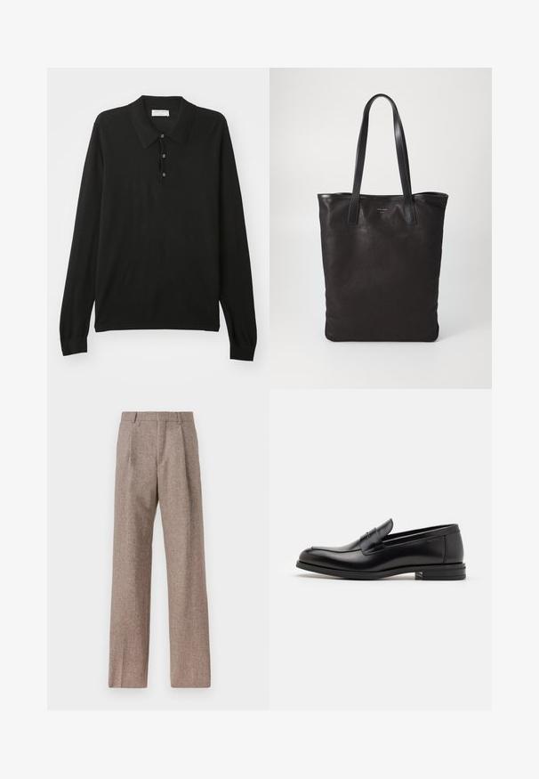 Zwarte lange mouw polo-shirt met drie knopen en een kraag, gemaakt van een zachte tricot stof.; Bruine, hooggewaisted broeken van een gestructureerde stof. Heeft wijde benen en twee voorplooien voor extra structuur. Net afgewerkt zonder zichtbare hardware.; Zwarte leren instappers met een gladde textuur, ronde neus en een decoratieve band over de wreef. Lage, gestapelde hak en minimalistisch ontwerp.; Zwarte canvas schoudertas met zwarte leren handvaten. Eenvoudig ontwerp, ruime body en een gladde textuur. Geen zichtbare logo's of patronen.