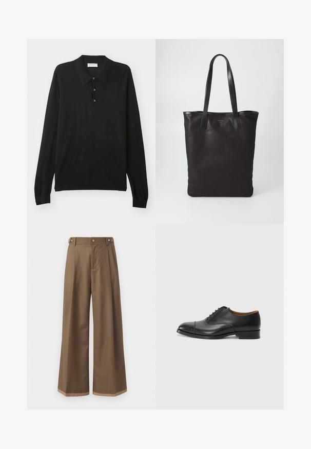 Czarna koszulka polo z długim rękawem, z trzema guzikami i kołnierzykiem, wykonana z miękkiej dzianiny.; Spodnie o szerokich nogawkach w ciemno brązowym materiale, z dwiema bocznymi kieszeniami, dwiema dekoracyjnymi guzikami z przodu oraz kontrastowym wykończeniem u dołu.; Czarne skórzane buty wizytowe o gładkim wykończeniu, zaokrąglonym nosku, pięcioma oczkami na sznurówki oraz niskim, blokowym obcasie. Minimalistyczny design z subtelnymi przeszyciami.; Czarna torba na ramię z czarnymi skórzanymi uchwytami. Prosty design, pojemne wnętrze i gładka faktura. Bez widocznych logo ani wzorów.