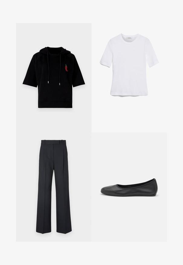 Čierna krátka mikina s kapucňou vyrobená z mäkkej látky, s prednou kapsou a dekoračnou výšivkou červenej papriky na hrudi.; Biela krátka tričko s krátkymi rukávmi vyrobené z rebrovanej látky. Klasický okrúhly výstrih, bežný strih a jemné švy. Bez vzorov alebo grafiky.; Tmavomodré pruhované nohavice s vysokým pásom, širokými nohavicami a bez viditeľného hardvéru alebo ozdôb. Hladká textúra a prispôsobený strih.; Čierne kožené baleríny s okrúhlou špičkou, hladkým povrchom, minimálnym prešívaním a flexibilným dizajnom podrážky.