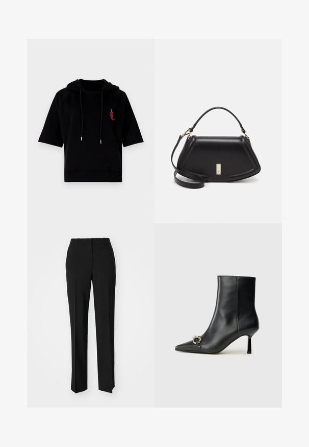 Μαύρο κοντομάνικο φούτερ από μαλακό ύφασμα, με μπροστινή τσέπη και διακοσμητική κεντημένη κόκκινη πιπεριά στο στήθος.; Μαύρο παντελόνι με ραφή που έχει σχεδιασμό ίσιας γραμμής, διαθέτει λεία υφή και καθαρές πτυχώσεις κατά μήκος της μπροστινής πλευράς. Χωρίς ορατό μεταλλικό υλικό.; Μαύρο δερμάτινο μποτάκι ζωής με κομψή μύτη, λεπτό μεσαίου ύψους τακούνι και ασημένια λεπτομέρεια με πόρπη στο πλάι, σε απλό φόντο.; Μαύρη δερμάτινη τσάντα με δομημένο σχέδιο, που διαθέτει κομμένο σχήμα, επάνω λαβή και χρυσά μεταλλικά στοιχεία. Περιλαμβάνει ρυθμιζόμενο λουρί ώμου.