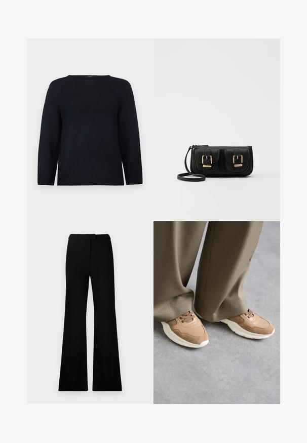 Weekend Max Mara ADDOTTO - Strikkegenser - blu; Sorte vide bukser med jevn tekstur, skreddersydd linning og frontlommer, designet med en slank, moderne silhuett.; Brune sportsko som har en blanding av glatt skinn og mesh-materialer, med en hvit gummisåle og subtile perforeringsdetaljer.; Svart skinn crossbody veske med to frontlommer, gyldne spenner, glidelåslukking og en slank stropp. Teksturert overflate og kompakt rektangulær form.