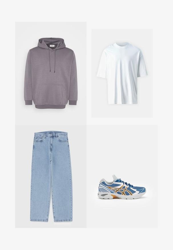 Sweat à capuche gris avec cordon de serrage, poche frontale, poignets côtelés et ourlet. Fabriqué en mélange de coton doux avec une texture lisse.; T-shirt blanc à manches courtes en coton doux. Il présente un col rond, une coupe décontractée et une texture lisse. Aucun motif ni accent visible.; Jean en denim bleu clair avec une coupe droite, présentant une taille mi-haute, cinq poches, et une fermeture à bouton et à fermeture éclair.; Chaussure de sport bleue avec tige en mesh, accents blancs et orange, semelle intermédiaire rembourrée et semelle extérieure en caoutchouc texturé. Dispose d'un design à lacets.