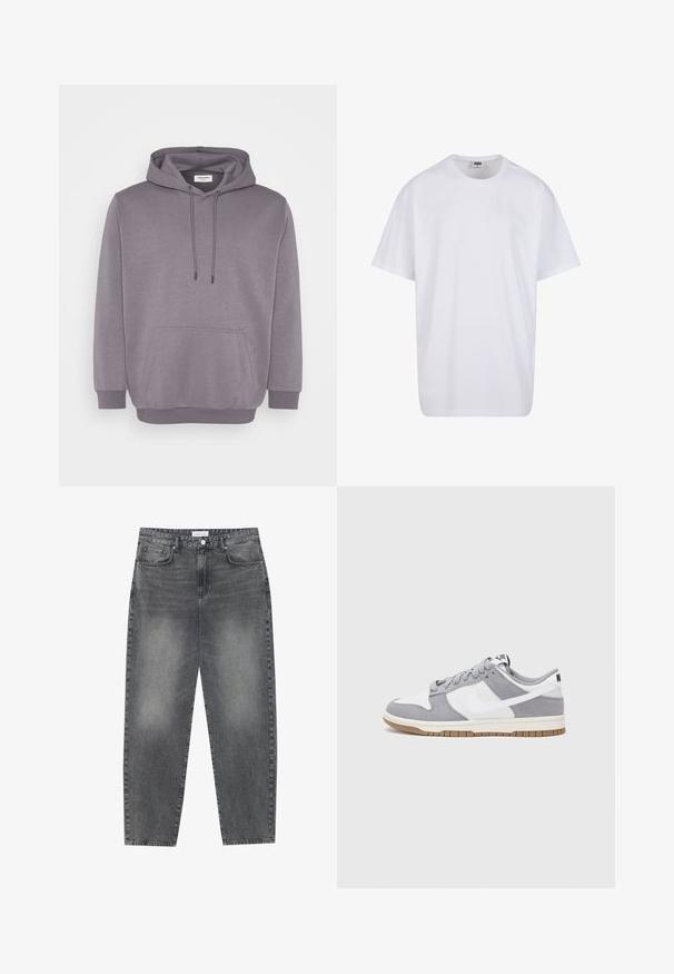 Grå hoodie med dragsko i huvan, framfickans ficka, ribbade ärmslut och nederkant. Tillverkad av mjukt bomullsblandat tyg med en slät textur.; Vit bomull t-shirt med korta ärmar, rundad halsringning, avslappnad passform och utan synliga logotyper eller mönster. Slät textur och minimal design.; Högmidjade, löst sittande jeans i blekt svart denim. Inkluderar fem fickor, bälteshällor och en ren, rak ben-design.; Grå och vit sneakers med överdel i mocka och läder, rund tå, platta snören och en gummisula med ett accent i gummi.