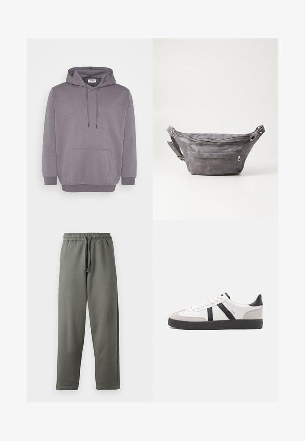 Felpa grigia con cappuccio regolabile, tasca frontale a marsupio, polsini e orlo ribbed. Realizzata in un morbido tessuto misto cotone con una finitura liscia.; Pantaloni della tuta grigi in morbido tessuto con vita elasticizzata e coulisse; presentano un taglio dritto e dettagli di cucitura minimi.; Sneaker bianco con accenti neri e grigi, dotata di una punta grigia testurizzata, suola in gomma nera e lacci bianchi piatti. Design pulito, stile minimalista.; Fanny pack in suede grigio con forma arrotondata, due scomparti con cerniera e tracolla regolabile. Presenta dettagli in metallo.