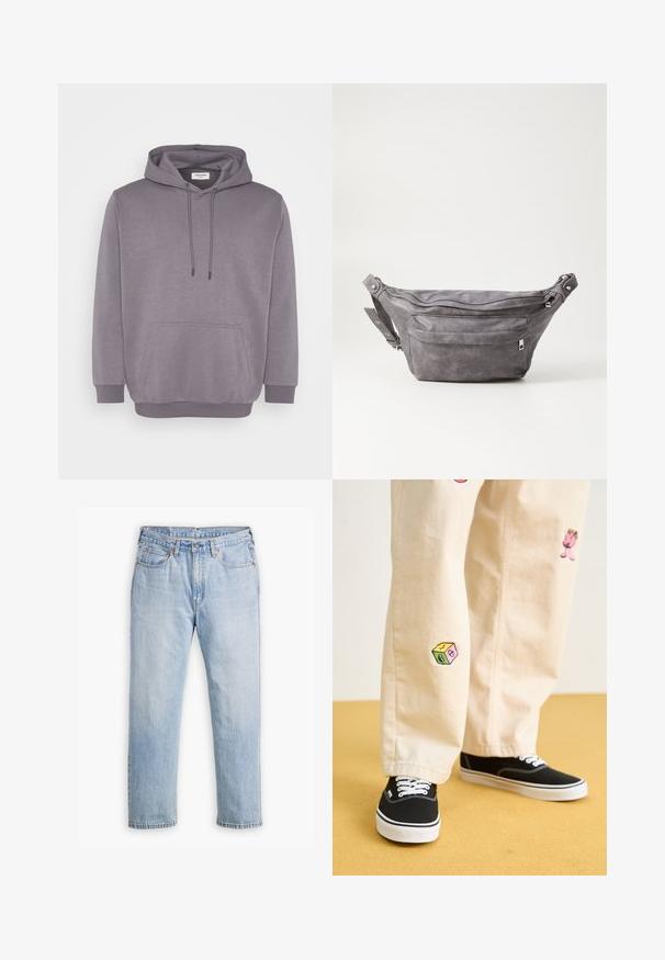 Sweat à capuche gris avec cordon de serrage, poche frontale, poignets côtelés et ourlet. Fabriqué en mélange de coton doux avec une texture lisse.; Jean en denim bleu clair avec une coupe droite, style cinq poches et coutures contrastantes. Fermeture à bouton et à glissière à la taille.; Pantalon en coton beige avec des motifs brodés ludiques, incluant un personnage rose et un bloc de couleur, associé à des baskets noires à lacets.; Sac banane en suède gris avec une forme arrondie, deux compartiments zippés et une sangle réglable. Comprend des accents en métal.