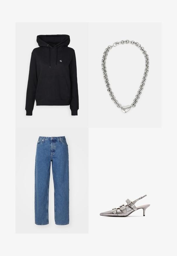 Crna majica s kapuljačom izrađena od mješavine pamuka, s prednjim džepom, kapuljačom s pertlama i malim izvezenim logotipom na prsima.; Svijetloplave traperice s visokim strukom, ravnim nogavicama, pet džepova i blago izblijedjelom teksturom. Zatvaranje na zakovicu i gumb.; Metalni srebrni slingback potpetice s izduženim vrhom, sa tri široke trake i kvadratnim metalnim kopčama. Sjajna tekstura i tanka potpetica.; Srebrna lančić ogrlica s međusobno povezanim okruglim karikama i poliranim srcem u središtu. Uključeno je sigurnosno kopčanje.