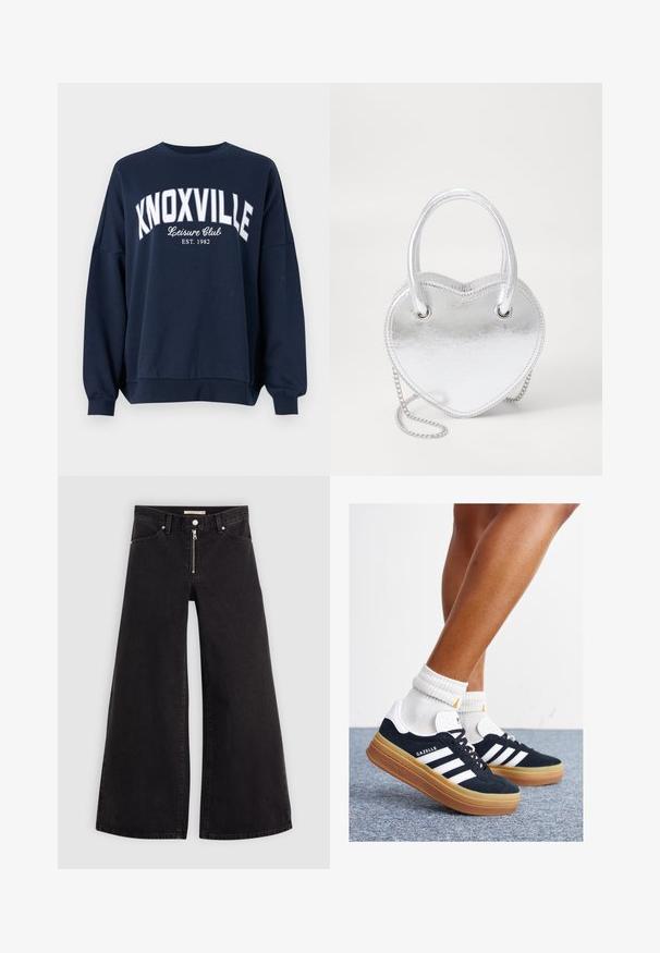 Marineblå genser med hvit tekst som leser "KNOXVILLE Leisure Club EST. 1982." Har rund hals og løse, ribbestrikkede ermer.; Vide benbukser i sort denim med glidelås i front, fem-lomme design og subtile sømdetaljer. Glatt tekstur og avslappet stil.; Svarte sneakers i semsket skinn med hvite striper og detaljer, rund tå, yttersåle i gummigummi, kombinert med hvite ribbestrikkede crew-sokker.; Sølv metal hjerteformet håndveske med doble håndtak, kjedehank og jevn tekstur. Har metallhardware og sømmede kanter.