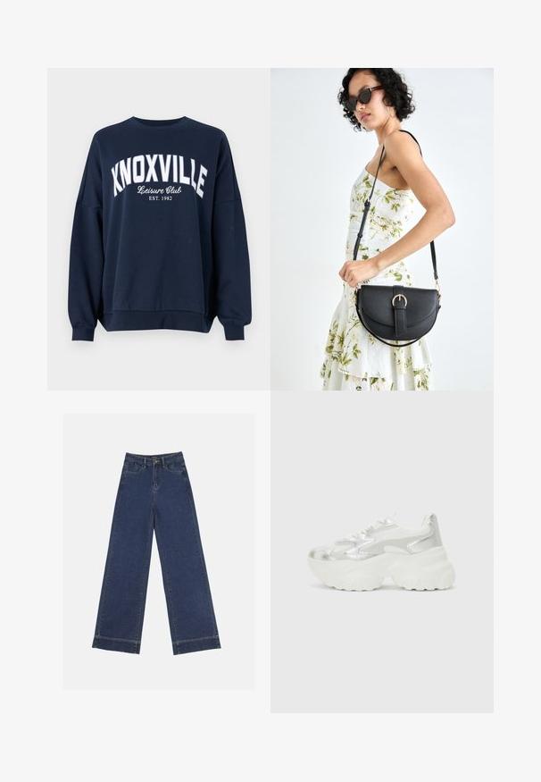 Felpa blu navy con scritta bianca "KNOXVILLE Leisure Club EST. 1982." Presenta un collo tondo e maniche con polsini a coste larghi.; Jeans a gamba larga in denim blu scuro. Presentano cinque tasche, passanti per cintura e un orlo grezzo in fondo con dettagli di cucitura visibili.; Sneaker argento con una tomaia in mesh testurizzato e accenti iridescenti, dotata di una suola bianca spessa e chiusura con lacci.; Borsa a tracolla nera in pelle con una forma curva, manico rimovibile e accessori dorati. La borsa presenta una patta con un dettaglio a fibbia.