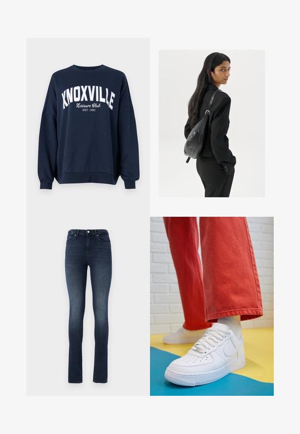 Sudadera azul marino con texto blanco que dice "KNOXVILLE Leisure Club EST. 1982." Presenta un cuello redondo y puños sueltos con ribetes.; Vaqueros de denim oscuro con un ajuste slim, cintura alta, diseño de cinco bolsillos y cierre de botón metálico. Textura suave con un ligero desgastado.; Zapatilla de cuero blanco con caja de dedos perforada, suela texturizada y cordones blancos, combinada con pantalones rojos amplios y un fondo azul y amarillo.; Mujer con cabello largo y oscuro vestida con un traje negro, llevando un bolso de cuero negro al hombro, mirando por encima de su hombro contra un fondo blanco.