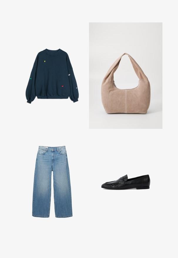 Marinblå sweatshirt med lösa ärmar och små färgglada symboler av spelkortssuiter broderade på framsidan och ärmarna.; Ljusblå vida jeans i denim, med en klassisk femfickdesign och knappstängning. Urblekt textur genom hela plagget.; Svarta läderloafers med rund tå, stygn på framsidan och platt sula. Minimalistisk design med en diskret logotypaccent.; Hobo-väska i mjukt mockamaterial i en ljusbeige färg. Har en rundad form med ett brett axelband och dragkedjestängning.