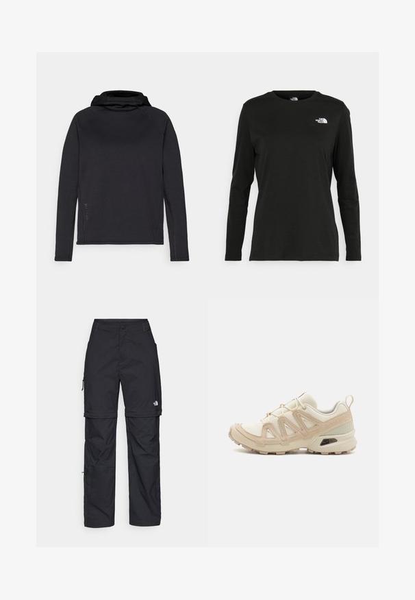 Fekete, hosszú ujjú kapucnis felső sima anyagból, raglán ujjakkal és kontrasztos varrással az illesztéseknél, ami plusz részletességet kölcsönöz.; Fekete, hosszú ujjú póló pamutból, kerek nyakkal. A bal mellrészen egy kis fehér logó található. Egyszerű dizájn és szabás.; Fekete nylon zipzáras cargo nadrág állítható mandzsettával, több zsebbel és logóval a jobb lábon. Simább, könnyű textúra.; Beige és krém színű sportcipő, texturált hálós felsőrésszel, támogató burkolattal és gumitalppal, amely tapadás érdekében bordázott mintázattal rendelkezik.