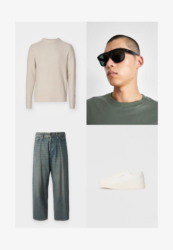 Pulover tricotat în bej deschis, cu un model texturat, guler rotund, manșete și tiv cu nervuri, realizat dintr-un material moale și cald.; Jeans din denim bleu deschis, cu o croială lejeră, talie medie și picioare drepte. Au cinci buzunare, bucle pentru curea și închidere cu nasture.; Tenisi albi slip-on cu o suprafață texturată, talpă groasă și un design minimalist. Prezintă logo-ul brandului pe lateral.; Ochelari de soare rectangulari negri cu lentile închise, având o formă distinctivă și branding pe templu. Purtați de o persoană într-o cămașă verde.
