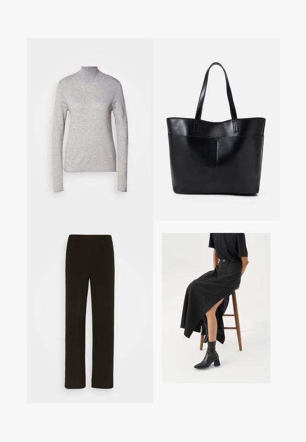 Helles graues Rollkragenoberteil mit langen Ärmeln, aus einem weichen Strickmaterial hergestellt. Verfügt über ein tailliertes Design und einen gerippten Kragen. Glatte Textur.; Schwarze, gerade geschnittene Hose aus gewebtem Stoff mit flachem Bund, zwei seitlichen Taschen und einer glatten Textur. Keine sichtbaren Muster oder Akzente.; Schwarzer Leinen-Maxi-Rock mit hohem Schlitz, getragen mit einem schwarzen T-Shirt und schwarzen Knöchelstiefeln. Minimalistisches Design mit lockerer Passform.; Schwarze Leder-Shopper-Tasche mit zwei langen Griffen, einer glatten Textur und einer strukturierten Form. Verfügt über eine Vordertasche für zusätzlichen Stauraum.