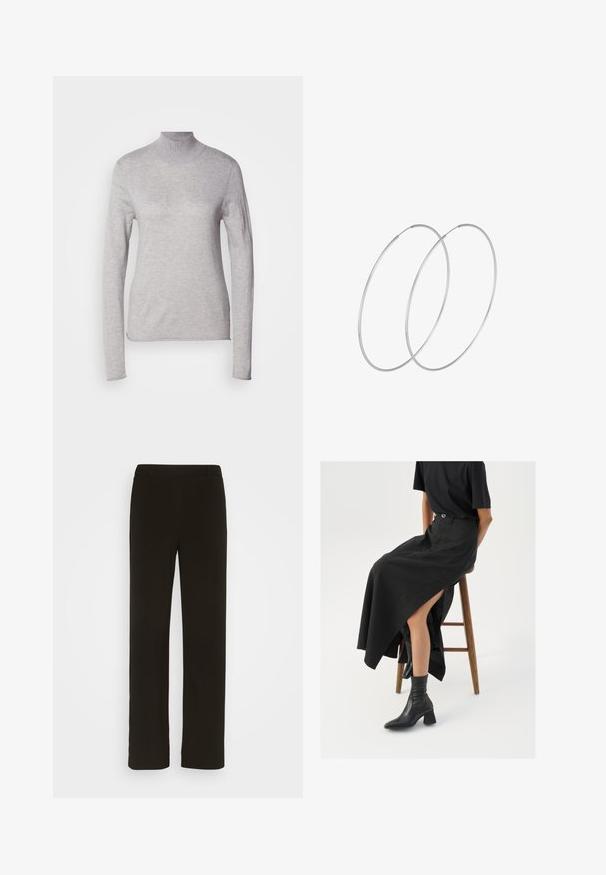 Vaaleanharmaa poolopaita, jossa on pitkät hihat, valmistettu pehmeästä neuloksesta. Omistaa tiukan muodon ja ribattu kaula-aukko. Sileä pinta.; Mustat, suorat housut, jotka on valmistettu kudotusta kankaasta. Housuissa on litteä etuosa, kaksi sivutaskua ja sileä pinta. Ei näkyviä kuvioita tai yksityiskohtia.; Musta pellavasta valmistettu maxi-hame, jossa on korkea halkio, puettuna mustan t-paidan ja mustien nilkkabootsien kanssa. Minimalistinen muotoilu, rento istuvuus.; Hopehope hopeilla, joissa on minimalistinen muotoilu. Pyöreä muoto, sileä pinta ja ohut profiili. Kevyet ja kiillotetut.