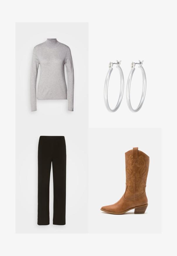 Gai pelēks turtlenecks ar garām piedurknēm, izgatavots no mīksta adījuma materiāla. Ir pieguloša forma un ribota apkakle. Gluda tekstūra.; Melni taisni bikses, izgatavotas no austas auduma, ar gludu priekšpusi, divām sānu kabatām un gludu tekstūru. Nav redzamu rakstu vai akcentu.; Brūni ādas kovboju zābaks ar norādītu purngalu, izšūtām viļņveida apakšējo detaļu un sakrautajiem blokiem. Iezīmēts ar velkšanas cilpu ērtai uzvilkšanai.; Sudraba riņķveida auss gredzeni ar gludu, pulētu apdari. Apaļa forma un drošs klikšķa augšējais slēgums. Viegls dizains, kas piemērots ikdienas valkāšanai.