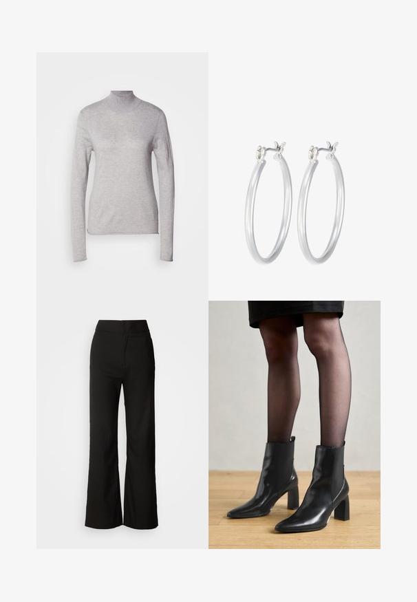 Helles graues Rollkragenoberteil mit langen Ärmeln, aus einem weichen Strickmaterial hergestellt. Verfügt über ein tailliertes Design und einen gerippten Kragen. Glatte Textur.; Schwarze weit geschnittene Hosen mit glatter Textur, hoher Taille und klarem Design. Keine sichtbaren Taschen oder Verzierungen.; Schwarze Leder-Ankle-Boots mit spitzer Zehenform, klobigem quadratischem Absatz und schlankem Design. Verfügt über elastische seitliche Einsätze für leichtes An- und Ausziehen.; Silberne Creolen mit einer glatten, polierten Oberfläche. Runder Form und sicherem Klickverschluss. Leichtes Design, geeignet für den täglichen Gebrauch.