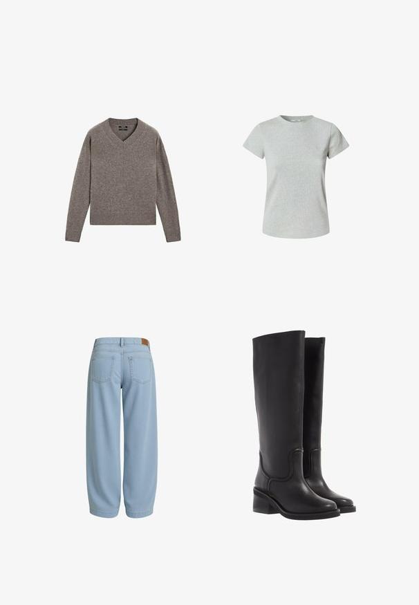 Maglione grigio a collo a V con maniche lunghe, realizzato in maglia, con polsini e orlo a coste, esposto in piano su uno sfondo bianco.; Maglietta in cotone grigia con maniche corte e scollatura rotonda. Tessuto liscio, vestibilità classica e nessun motivo o decorazione visibile.; Pantaloni in denim azzurro chiaro con una vestibilità aderente, dotati di due tasche posteriori, una vita con una toppa in pelle marrone e polsini affusolati.; Stivali neri in pelle al ginocchio con una texture liscia, punta arrotondata e tacco spesso. Presentano una cucitura sottile e un design elegante.