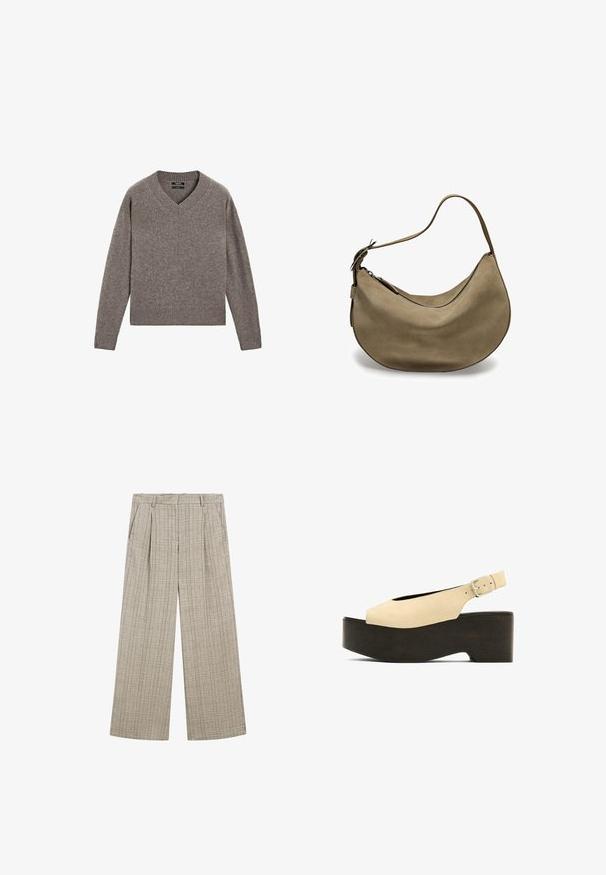 Grauer gestrickter V-Ausschnitt Pullover mit langen Ärmeln, gerippten Bündchen und Saum, flach auf einem weißen Hintergrund präsentiert.; Beige karierte weit geschnittene Hose aus strukturierter Stoffqualität, mit Frontfalten, seitlichen Taschen und einem Bund für einen sicheren Sitz.; Beige Wildledersandalen mit Plateau, offenen Zehen, Slingback-Design und einem dunklen, holzähnlichen Fußbett, ausgestattet mit einer Metall-Schnalle zur Anpassung.; Braune Wildleder-Hobo-Tasche mit geschwungener Form, einfachem Schulterriemen, Reißverschluss und glatter Textur. Schlichtes Design mit minimalen Hardware-Details.