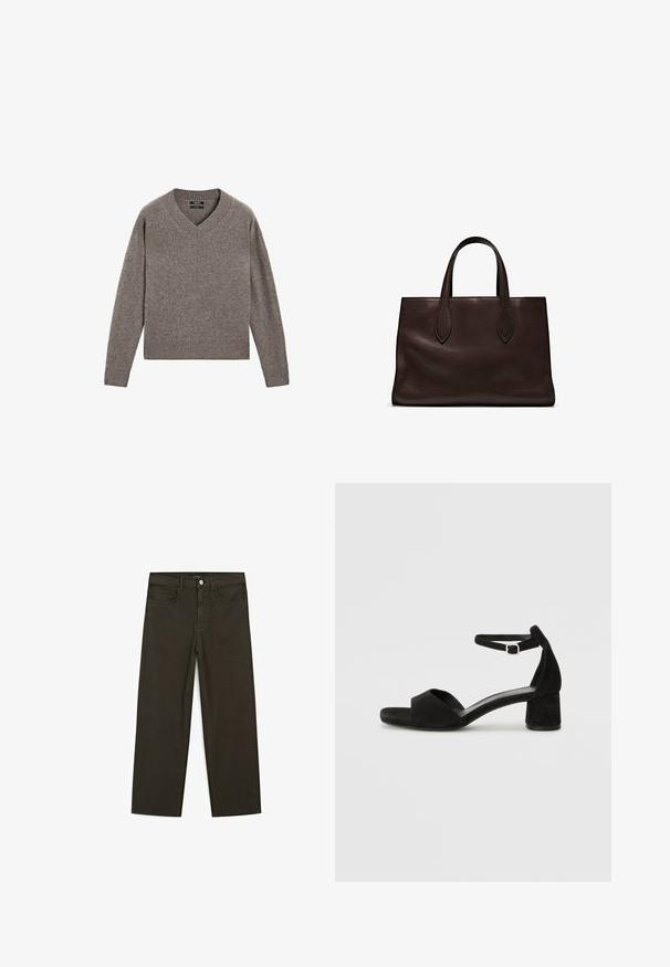 Šedý pletený svetr s V výstřihem a dlouhými rukávy, s žebrovanými manžetami a spodním lemem, vystavený na bílém pozadí.; Tmavě zelené široké džínsy vyrobené z bavlněné směsi, s předním zapínáním na knoflík, pěti kapsami a klasickým denimovým stehem.; Černé sametové sandály na podpatku s tenkým řemínkem kolem kotníku, otevřenou špičkou a skromným blokovým podpatkem. Hladká textura a minimální akcenty.; Hnědá kožená taška přes rameno s dvěma dlouhými uchy, strukturální obdélníkový tvar, hladká textura a jemné švy.