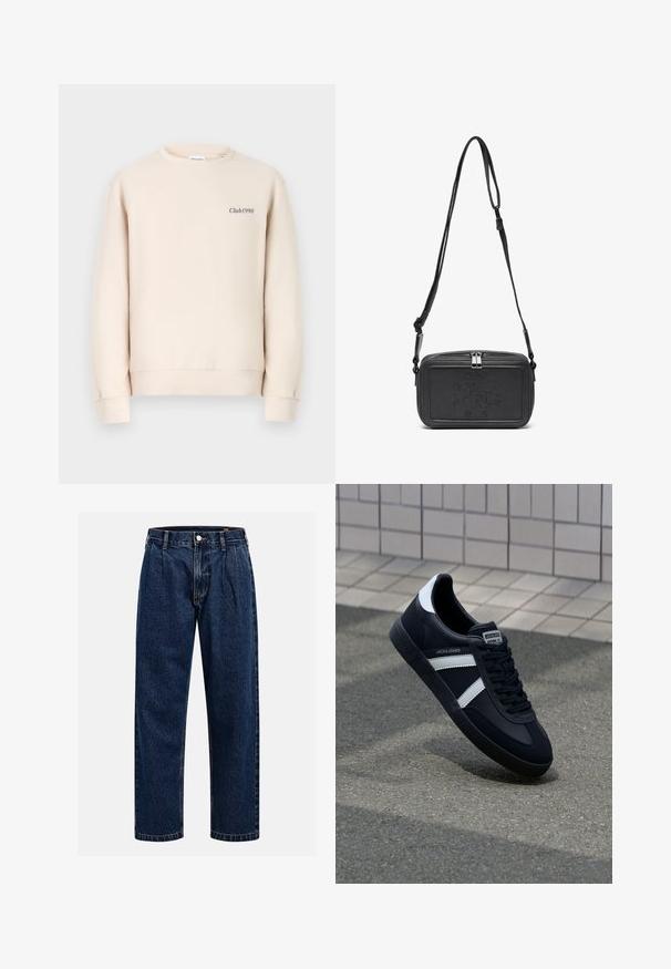Beige Sweatshirt mit Rundhalsausschnitt, langen Ärmeln, gerippten Bündchen und der Aufschrift "Club1990" in dunkler Farbe auf der Vorderseite gestickt.; Dunkelblaue Denim-Jeans mit geradem Bein. Mit sichtbaren Nähten, einem Knopfverschluß und Frontfalten für zusätzliche Details.; Schwarze Leder-Sneaker mit weißen Streifen, strukturiertem Gummisohle und Schnürung. Verfügt über ein Markenetikett auf der Zunge.; Schwarze Leder-Crossbody-Tasche mit einem Reißverschluss, geprägtem Logo auf der Vorderseite und verstellbarem Riemen. Glatte Textur mit rechteckiger Form.