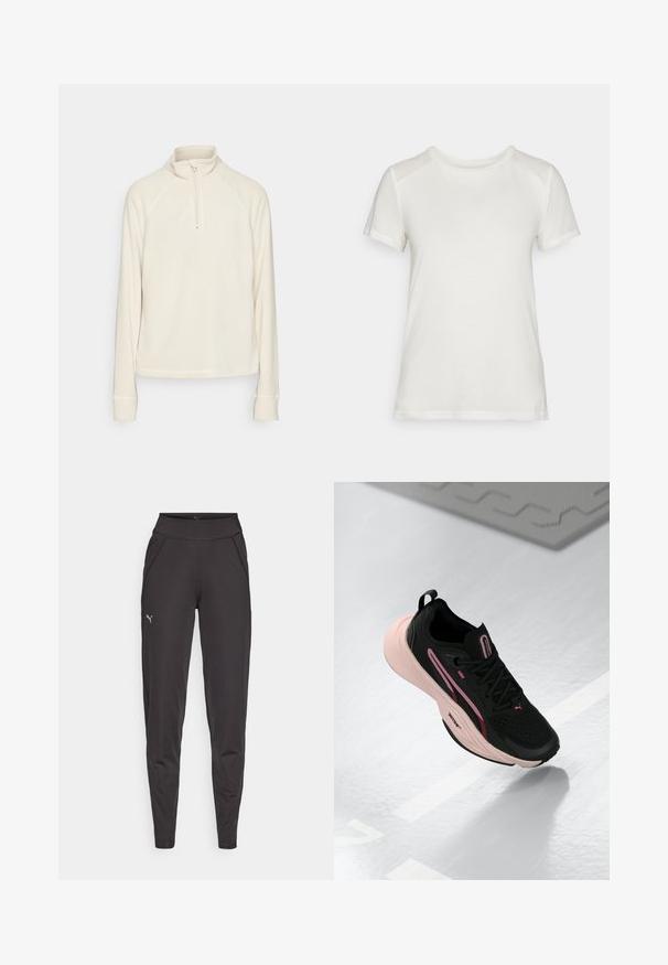 ONLY Play ONPINO LS - Fleecepullover - pumice stone; Weißes T-Shirt mit kurzen Ärmeln aus weichem Stoff, mit Rundhalsausschnitt und lockerer Passform sowie glatten, nahtlosen Schulterakzenten.; Schwarze sportliche Leggings aus dehnbarem Material, mit hohem Bund, Seitentaschen und einem kleinen reflektierenden Logo am linken Oberschenkel.; Schwarzer Sportschuh mit pinken Akzenten und einer strukturierten Oberfläche. Verfügt über eine gepolsterte pinke Sohle und schwarze Schnürsenkel. Leichtes Design für optimale Leistung.