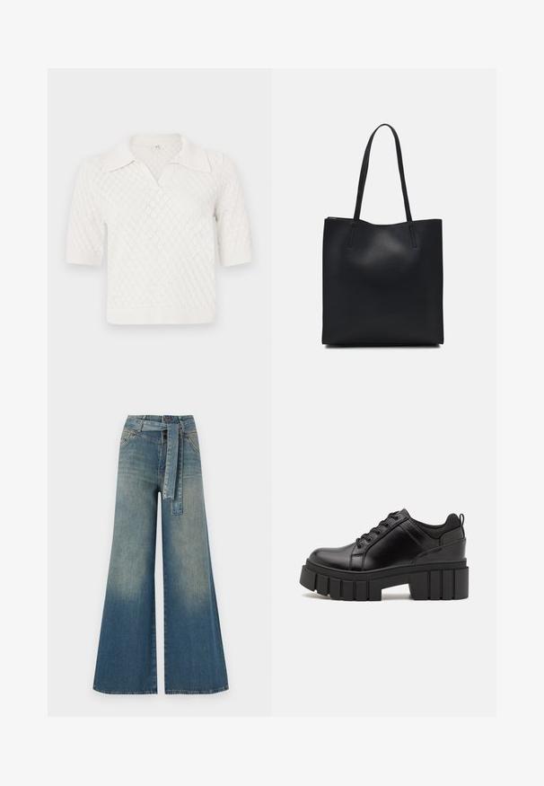 Polo shirt blanc à manches courtes en maille avec un motif en losanges, doté d'un col classique et de poignets et d'un ourlet côtelés.; Pantalons en denim à jambe large présentant un dégradé de bleu clair à bleu foncé, taille haute, passants de ceinture et une ceinture en tissu assortie. Finition en denim texturé.; Chaussures à plateforme en cuir noir avec un talon bloc épais, bout rond et un design traditionnel à lacets. Elles présentent une texture lisse et un détail minimal.; Sac fourre-tout en cuir noir avec une texture lisse, de forme rectangulaire et deux longues poignées. Pas de matériel ou d'ornementations visibles.