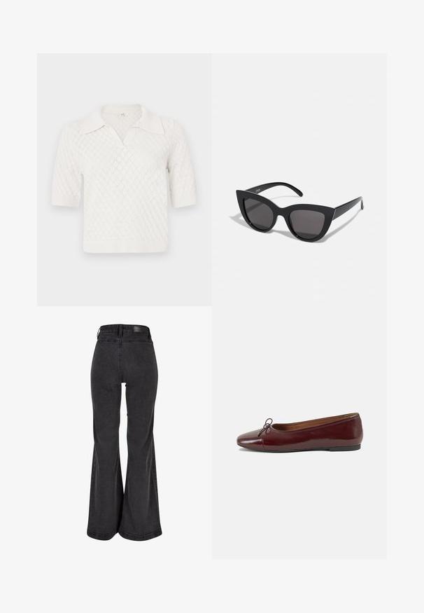 Polo shirt blanc à manches courtes en maille avec un motif en losanges, doté d'un col classique et de poignets et d'un ourlet côtelés.; Jean évasé noir avec une texture lisse, taille haute et un patch de marque à l'arrière. Dispose d'un design à jambe large et d'une coutures renforcées.; Ballerines en cuir verni bordeaux avec un bout rond, un petit nœud décoratif à l'avant et une semelle en caoutchouc noire basse. Texture lisse.; Lunettes de soleil noires en forme d'œil de chat avec une finition mate, dotées de verres teintés gris, d'angles aigus et de branches élégantes. Nom de la marque visible sur la branche intérieure.
