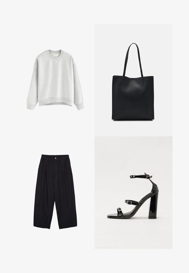 Šedá mikina s okrúhlym výstrihom, spustenými ramenami a žebrovanými manžetami. Mäkká štruktúra a skrátený lem s bezšvovým dizajnom.; Čierne polyesterové culotte nohavice s elastickým pásom, dvoma prednými záhybmi a voľným strihom. Žiadne viditeľné vzory ani detaily z kovu.; Čierne lakované sandále na vysokom opätku s dvoma prackami, štvorcovou špičkou a hrubým blokovým opätkom, s hladkou, lesklou textúrou.; Čierna kožená taška na rameno s hladkým povrchom, obdĺžnikovým tvarom a dvoma dlhými uchami. Bez viditeľného kovania alebo ozdôb.