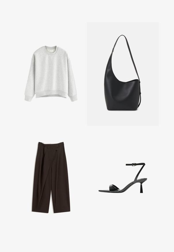 Grå sweatshirt med rund hals, sänkta axlar och ribbade muddar. Mjuk textur och kortad fåll med en sömlös design.; Mörkbruna vida byxor med hög midja, med en enkel knappstängning och plisserad front. Tillverkade av lätt tyg.; Bershka Sandaletter - black; Svart läder hobo-väska med en slät textur, kurvig form och en justerbar axelrem; har en bred öppning upptill.