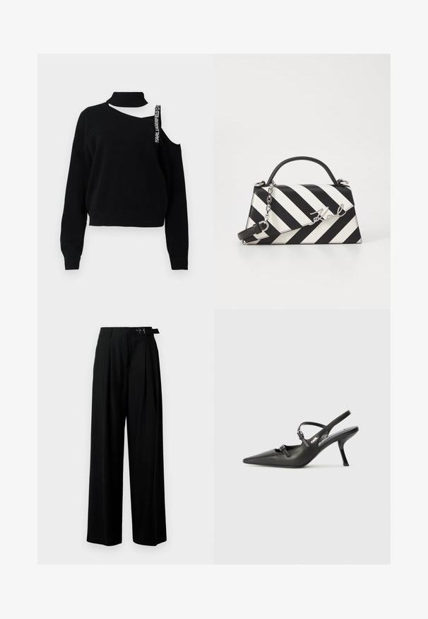 Schwarzer Pullover mit hohem Kragen, einer exponierten Schulter und einem auffälligen Trageband mit der Aufschrift "Karl Lagerfeld". Strick mit Textur und gerippten Bündchen.; Schwarze weit geschnittene Hosen mit hoher Taille, Falten an der Vorderseite und einem Gürtel mit Schnalle. Hergestellt aus glattem, leichtem Stoff.; Schwarzlederne Slingback-Absätze mit spitzer Zehenform, schlankem Absatz und dekorativem Schnallendetail auf dem Blatt. Glatte Textur und elegantes Design.; Schwarz-weiße gestreifte Handtasche mit strukturierter Form, ausgestattet mit einem oberen Griff, einem abnehmbaren Kettenriemen und einem metallischen Logo-Detail.