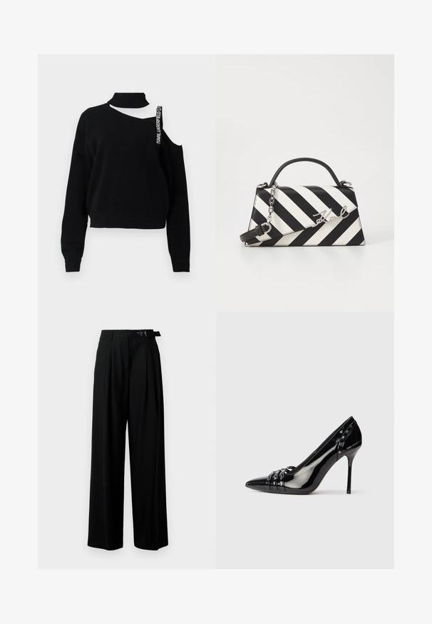 Svart tröja med hög krage, en axel bar och en framträdande remsa med texten "Karl Lagerfeld." Texturerad stickning med ribbade ärmslut.; Svarta byxor med vida ben och hög midja, med veck framtill och ett bälte med spänne. Tillverkade av ett mjukt, lätt tyg.; Svart lackläder stilettoklackskor med spetsig tå, tre dekorativa remmar med nitar och "Karl Lagerfeld"-logotyp på klacken.; Svart och vit randig handväska med en strukturerad form, som har ett handtag upptill, en avtagbar kedjesnodd och en metallisk logotypdetalj.