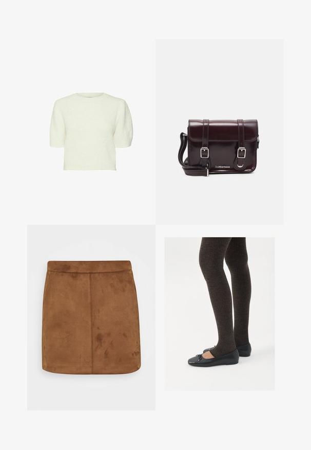 Hvid kortærmet sweater med en tekstureret, fluffy overflade, rund halsudskæring og cropped pasform. Blødt materiale og enkelt design.; Brun ruskinds mini-skirt med en glat tekstur, lige snit og en sømløs talje, der har et minimalistisk design uden mønstre eller udsmykninger.; Sorte flade sko med en lille sløjfedetalje ved tåen, parret med mørkebrune ribbede strømpebukser. Skoene har en glat overflade og lav profil.; Burgunderfarvet patentlæder crossover taske med rektangulær form, to remme, sølv hardware og flaplukning.