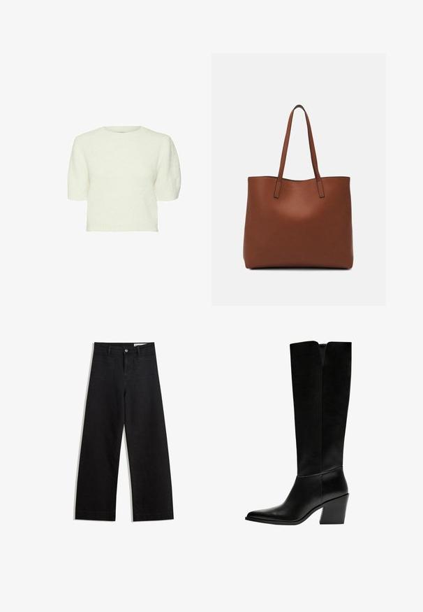 Witte korte mouwen trui met een gestructureerd, fluffy oppervlak, een ronde halslijn en een cropped pasvorm. Zacht materiaal en eenvoudig ontwerp.; Zwarte denim broek met wijde pijpen en een hoge taille, voorzien van voor- en achterzakken, gestikte naden en een knoopsluiting. Gladde textuur.; Zwarte laarzen tot de knie van soepel leer, met een puntige neus, een blokhak en een V-vormige uitsparing aan de bovenkant.; Bruine leren tote bag met een gladde textuur, een ontwerp met een open bovenkant en twee schouderbanden. Kenmerkt zich door minimale stiksels en geen zichtbare hardware.
