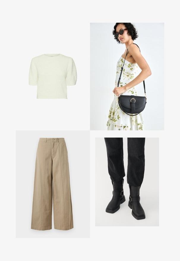 Suéter blanco de manga corta con superficie texturizada y esponjosa, cuello redondo y corte crop. Material suave y diseño sencillo.; Pantalones de pierna ancha en beige, hechos de algodón resistente, con cierre de botón, trabillas para cinturón y pliegues frontales limpios sin bolsillos visibles.; Botas negras de cuero hasta el tobillo con puntera cuadrada, que presentan una tira ancha y un detalle de hebilla de metal. Las botas tienen una suela gruesa y una textura suave.; Bolso de piel negra con forma curva, correa desmontable y herrajes dorados. El bolso cuenta con una solapa con un detalle de hebilla.