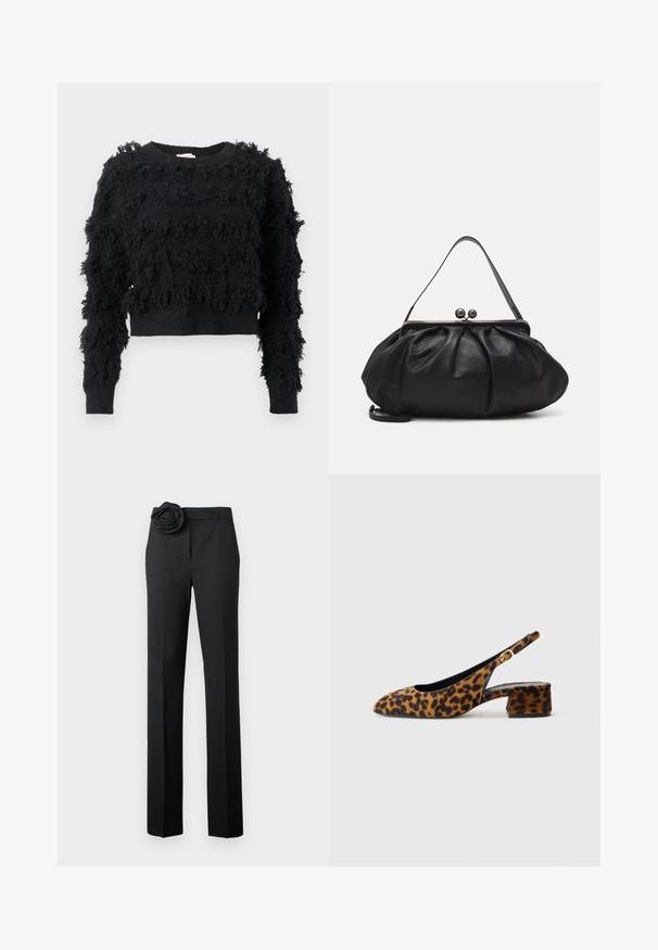 Schwarzer, kurz geschnittener Pullover mit einer strukturierten, flauschigen Oberfläche. Lange Ärmel und ein runder Halsausschnitt, mit unregelmäßigen Mustern im gesamten Stoff.; Schwarze Hose mit maßgeschneidertem Schnitt, ausgestattet mit einem stofflichen Rosenzierat in der Taille, geraden Beinen und einer seidigen Textur.; Damen-Slingback-Schuhe mit Leopardenmuster, niedrigem Blockabsatz und goldener Schnalle am Seitenriemen, im Seitenprofil auf einem schlichten Hintergrund dargestellt.; Schwarze Lederhandtasche mit einer runden, gefalteten Form. Verfügt über einen metallischen Verschluss mit zwei dekorativen Kugeln und einem schmalen, abnehmbaren Tragegurt.