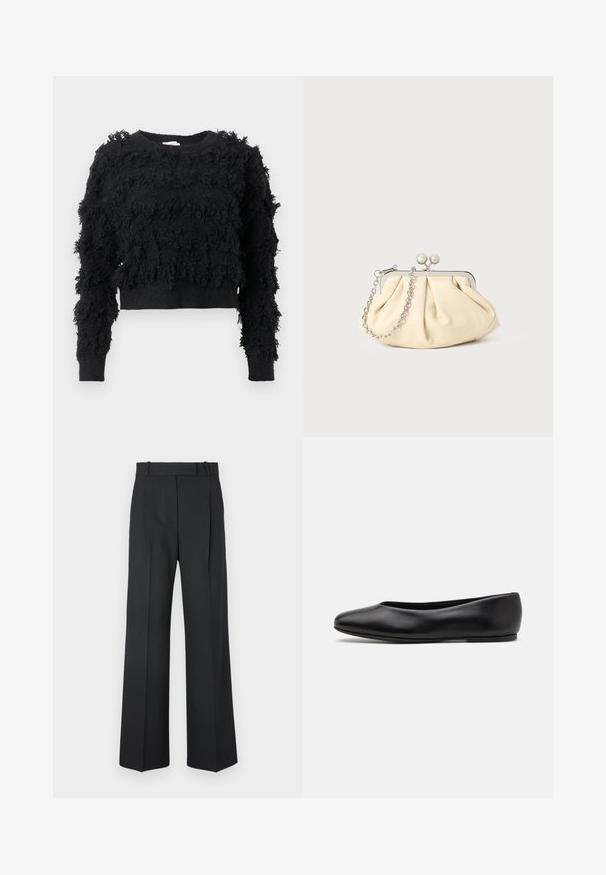 Zwarte, cropped trui met een gestructureerd, fluffig oppervlak. Lange mouwen en een ronde halslijn, met onregelmatige patronen door de stof heen.; Donkerblauwe pinstriped broek met een hoge taille, wijde pijpen en zonder zichtbare hardware of versieringen. Glad textuur en nauwkeurige pasvorm.; Paul Smith TOPANGA - Ballerina's - black; Geplooide beige leren clutch met een zilveren metalen frame, voorzien van twee ronde decoratieve sluitingen en een zilveren kettingriem.