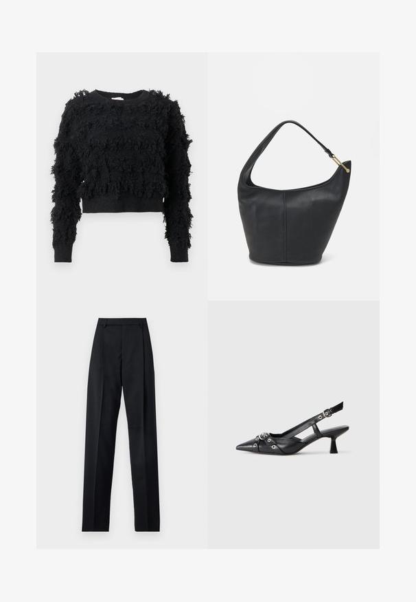 Jersey negro corto con una superficie texturizada y esponjosa. Manga larga y escote redondo, con patrones irregulares a lo largo de la tela.; Pantalones negros de tela suave con cintura alta, piernas amplias, pliegues frontales y lazos de cinturón clásicos. No hay bolsillos laterales visibles.; Zapato de slingback negro de piel con punta afilada, correas decorativas con ojales de metal y un tacón bajo y ancho. Superficie texturizada.; Bolso de cuero negro con forma redondeada, un strap ancho y un acabado texturizado. Presenta un sutil detalle de costura y un acento de hardware en tono dorado.