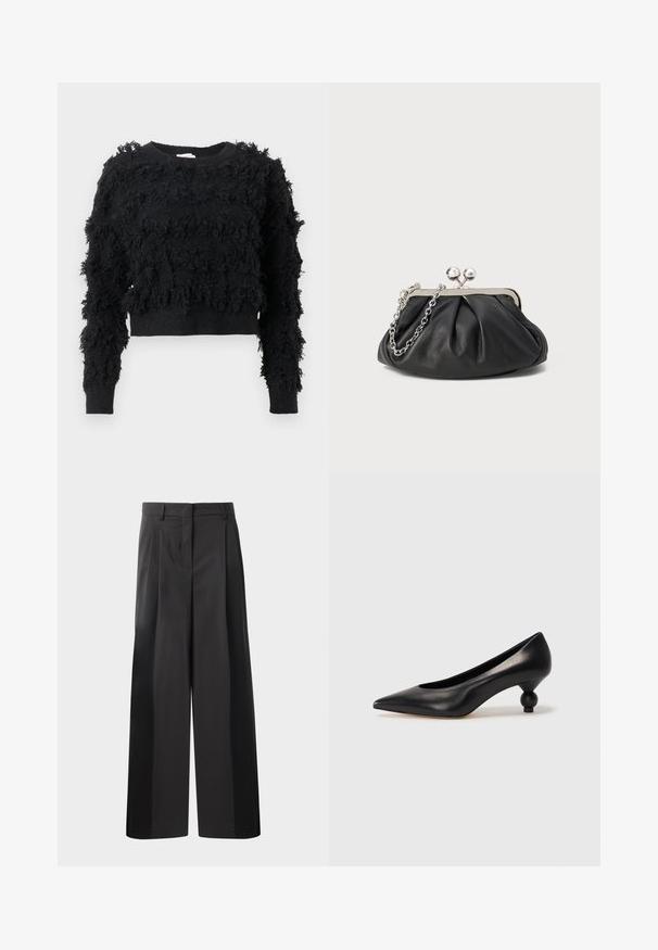 Maglione corto nero con una superficie testurizzata e soffice. Maniche lunghe e scollo rotondo, con motivi irregolari su tutta la stoffa.; Pantaloni neri a gamba larga con vita alta, caratterizzati da pieghe frontali, una texture liscia e una finitura sartoriale. Progettati per un fit rilassato.; Scarpa con tacco alto in pelle nera, con punta affilata e tacco arrotondato e bombato. Texture liscia con un design elegante e minimalista.; Clutch in pelle nera con texture arricciata, cornice in metallo color argento, chiusura a scatto e tracolla a catena. Superficie liscia e morbida.