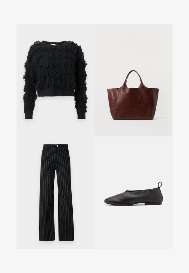 Melna īsā džemperis ar teksturētu, pūkainu virsmu. Garas piedurknes un apaļa kakla izgriezums, ar neregulāriem rakstiem visā audumā.; Melni plati bikses ar vertikālām zilām svītrām, kas piedāvā klasisku piecu kabatu dizainu un priekšējo pogu aizdari.; Melnas ādas baleta kurpes ar smailu purngalu, minimālisma dizains, plakana zole un neliels aizmugurējais cilpiņš ērtai uzvilkšanai.; Brūna ādas soma ar gludu faktūru, plašu korpusu un divām īsām rokturiem. Iespējo minimāla šuvju, nav redzamu metāla detaļu vai akcentu.