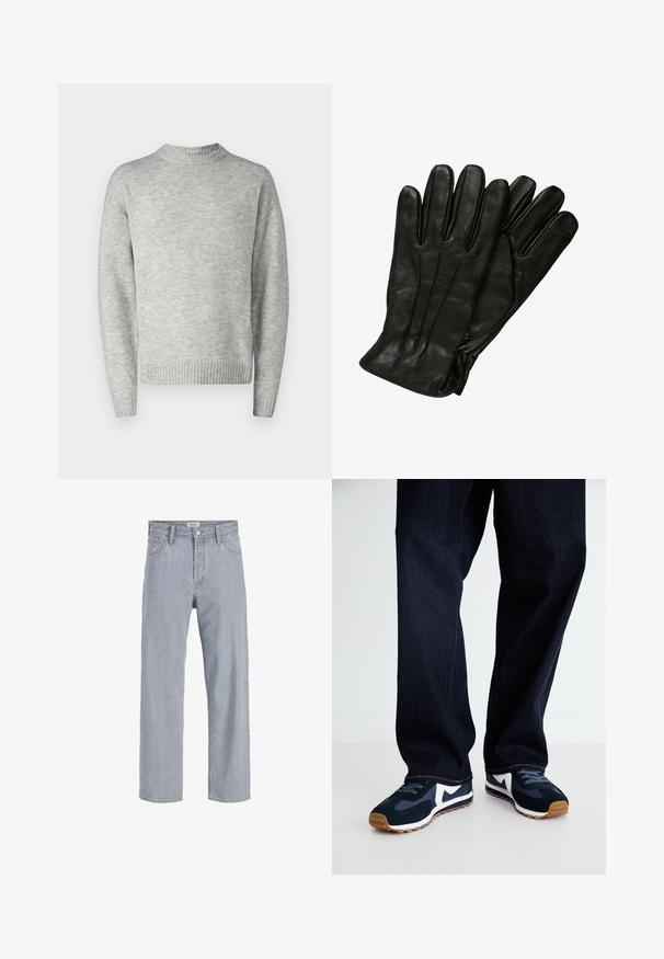 Light gray pullover sweater, knitted texture, crew neck, long sleeves, ribbed hem and cuffs, relaxed fit, minimalistic design.; Light blue denim jeans with a relaxed fit, straight leg design, visible stitching, two front pockets, and a button closure.; Navy and white athletic shoes with a textured upper, laces, and rubber sole, paired with dark denim pants with orange stitching.; Black leather gloves with a smooth texture, five fingers, and subtle stitching details. Classic design, suitable for cold weather use.