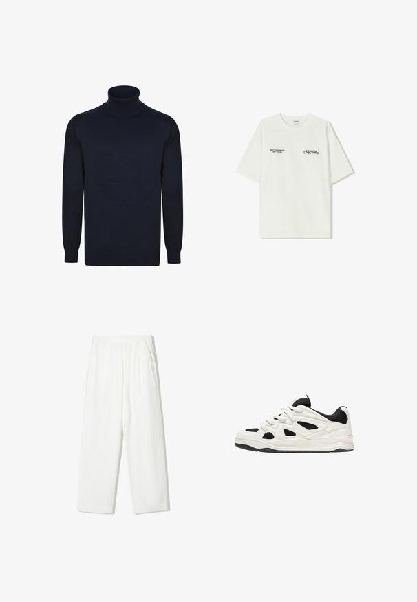 Maglione a collo alto in navy a costine con maniche lunghe, realizzato in un tessuto a maglia liscio, con una silhouette aderente e polsini elasticizzati.; T-shirt bianco in cotone con maniche corte. La parte anteriore presenta testo nero: "NON DOMANI NON OGGI" e "L'ARTE DEL MUOVERE LA POLVERE" in corsivo verde.; Pantaloni bianchi a gamba larga realizzati in tessuto testurizzato. Presentano una vita elastica e due tasche laterali. Design casual e vestibilità ampia.; Scarpe da ginnastica bianche e nere con suola testurizzata, caratterizzate da intagli sui lati e lacci, e una schiena imbottita per il supporto.