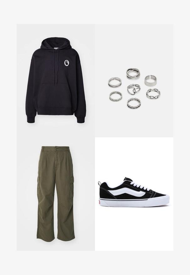 Černá mikina s kapucí vyrobená z měkké tkaniny, se přední kapsou typu "klokan", šňůrkovou kapucí a kruhovým logem na levé hrudi.; Olivové cargo kalhoty z bavlny, s širokým střihem, sklady a postranními kapsami pro praktičnost.; Černé nubukové tenisky s bílými akcenty, s nízkým designem, šněrováním a silnou bílou gumovou podrážkou. Brandové logo na patě.; Sada sedmi stříbrných prstenů s různými vzory, včetně zamotaných, propletených a rytých motivů. Různé tvary a šířky.