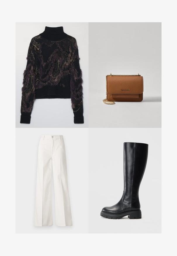 Black turtleneck sweater featuring a textured pattern in dark purple and gold, with fringe accents and ribbed cuffs and hem.; White wide-leg trousers made from cotton with a smooth texture. Features a front button, zipper fly, and four-pocket design.; Black knee-high boots made of smooth leather, featuring a rounded toe and a chunky rubber sole with tread patterns for traction.; Brown textured leather crossbody bag with gold chain strap and flap closure. Front features logo detail and a pocket under the flap.