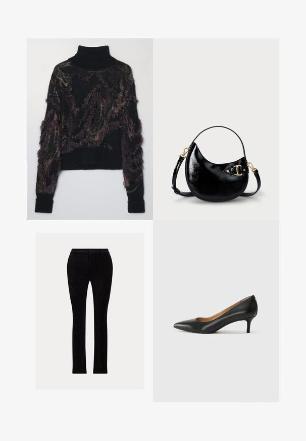 Fekete garbó pulóver, sötétlila és arany színű textúrált mintával, bojt részletekkel, valamint bordás mandzsettákkal és szegéllyel.; Fekete nadrág sima, bársonyos anyagból. Testre szabott fazon, egyenes lábbal, hagyományos derékrésszel és övhurkokkal.; Fekete bőrpumpa hegyes orral, alacsony sarokkal és sima felülettel. Elöl enyhe nyílással rendelkezik, hátul pedig minimális részletezéssel.; Fekete lakkbőr kézi táska, ívelt formával, állítható pánttal és aranyszínű fém részletekkel az oldalon. Simább, fényes felület.