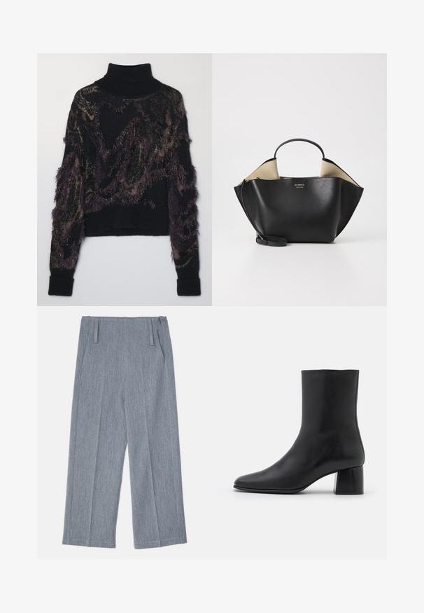 Maglione dolce vita nero con un motivo testurizzato in viola scuro e oro, con dettagli di frange e polsini e orlo a costine.; Pantaloni larghi grigio chiaro realizzati in tessuto testurizzato, con due pieghe frontali e due tasche laterali. Design pulito e sartoriale.; Stivali ankle in pelle nera con punta affusolata e tacco quadrato grosso. Texture liscia con un design senza cuciture e cuciture minimaliste.; Ree Projects ANN TOTE MINI - Borsa a mano - black
