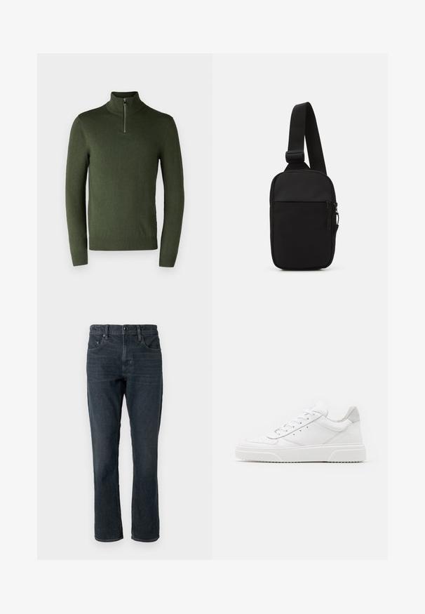Grüner Pullover mit langen Ärmeln und hohem Kragen sowie kurzem Reißverschluss. Hergestellt aus weichem Stoff, mit gerippten Bündchen und Saum.; Dunkelblaue Denim-Jeans mit geradem Schnitt, Fünf-Taschen-Design und Knopfverschluss. Merkmale sind dezente Ausbleichungen und Kontrastnähte.; Weiße Leder-Sneaker mit glatter Oberfläche, rundem Zehenbereich, flachen Schnürsenkeln und strukturiertem Schuhsohlen. Graues Wildleder-Detail an der Ferse.; Schwarze Umhängetasche aus robustem Gewebe, mit einem verstellbaren Tragegurt, einem Reißverschluss-Hauptfach und einer Fronttasche.