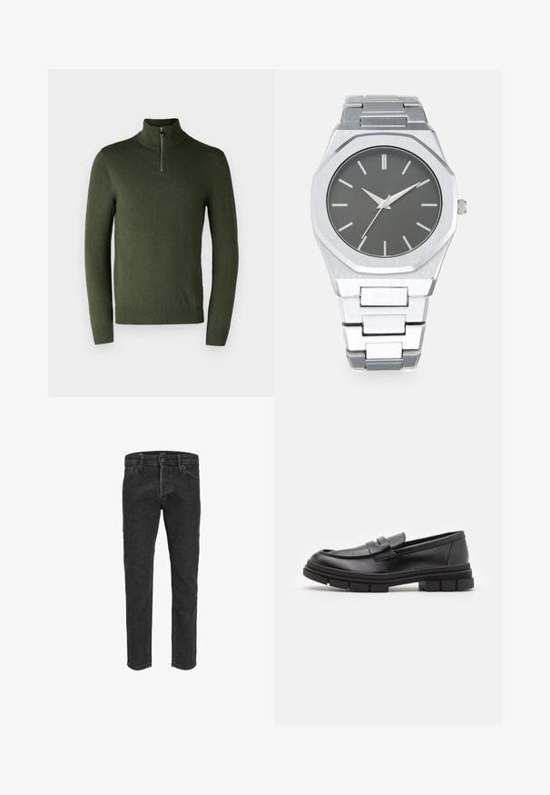 Zöld, hosszú ujjú pulóver, magas nyakkal és rövid cipzárral. Puha anyagból készült, bordás mandzsettákkal és szegéllyel.; Fekete farmernadrág egyenes szár designnal, öt zsebbel és övhurkokkal, enyhén kopott felülettel és eltérő varrásokkal.; Fekete bőr loaferek sima felülettel, elülső pánt részlettel és vastag, bordázott gumitalpakkal.; Ezüst analóg óra nyolcszögletű tokban, szürke számlappal, ezüst órajelzőkkel és rozsdamentes acél link karkötővel. Minimalista design sima felülettel.