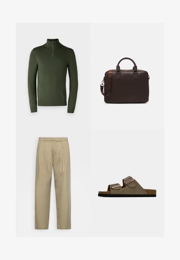 Pullover verde de mangas longas com gola alta e zíper curto. Feito de um tecido macio, apresenta punhos e bainha canelados.; Calças bejas de cintura alta com corte reto, apresentando uma frente lisa, bolsos laterais e um tecido suave e texturizado.; Sandálias de camurça castanhas com duas tiras ajustáveis e fivelas metálicas. Palmilha de cortiça e sola texturizada preta. Design de bico aberto.; Mala de laptop em pele castanha com uma superfície texturizada, duas alças superiores, alça ajustável e duas fivelas frontais para um detalhe adicional.