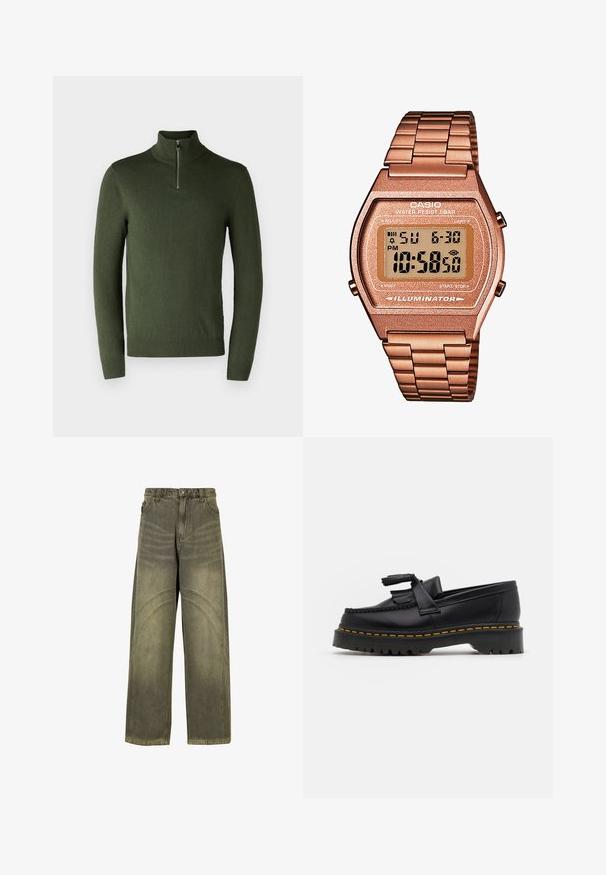 Zeleni pulover z dolgimi rokavi in visokim ovratnikom ter kratkim zadrgo. Narejen iz mehkega blaga, ima rebraste manšete in spodnji rob.; Široke jeans hlače iz olivno zelene denima, s poudarjenimi šivi, klasičnim gumbom za zapiranje in izblečenim videzom.; Črne usnjene loafersice s kaširanim naglasom, z debelim črnim podplatom in rumenim šivom ob robu. Teksturirana površina.; Digitalna Casio ura z rožnato zlato kovinsko zanko, pravokotno ohišje, osvetljen prikaz, vodoodpornost, ki prikazuje čas in datum.